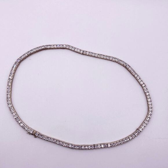 Sterling Silver Square CZ Tenis Necklace Gold Plated 32” - Picture 6 of 6